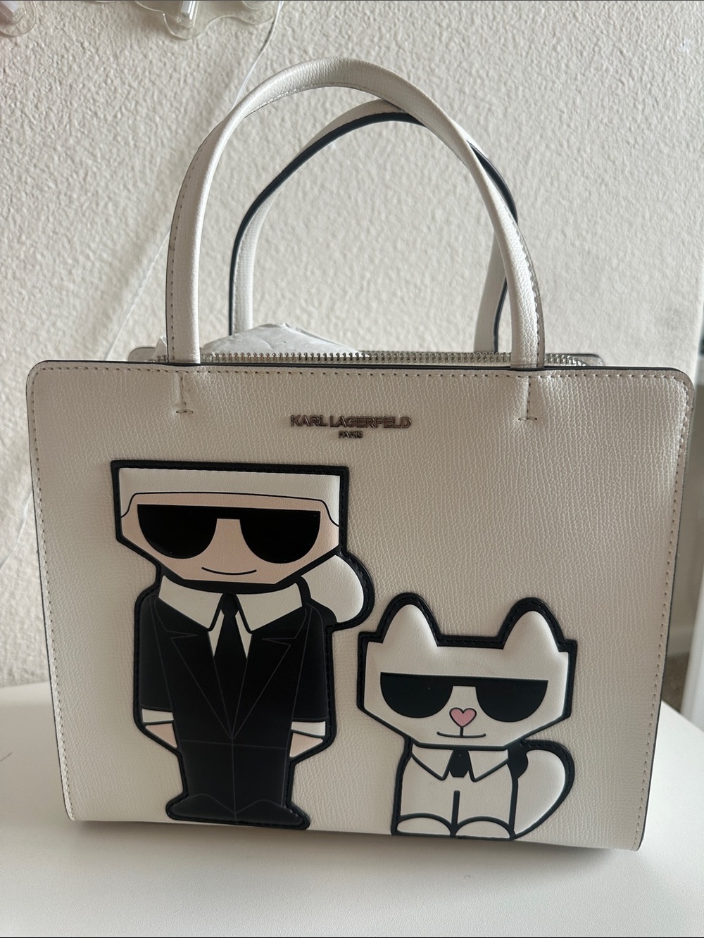 Karl Lagerfeld White Leather Cartoon Patch Top-Handle Tote